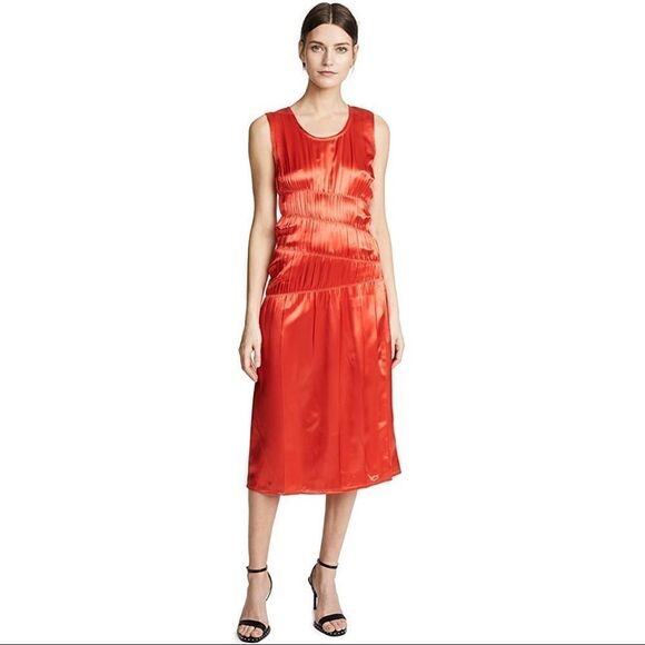 Helmut Lang Red Ruched Satin Tank Dress, NWT - Picture 1 of 11